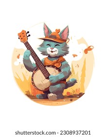 Cat playing banjo cottage core illustration, Cat playing banjo design