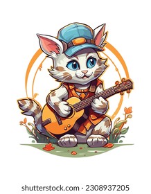 Cat playing banjo cottage core illustration, Cat playing banjo design