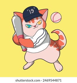 cat playing baseball. holding a baseball bat and the ball coming towards him