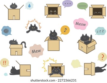 Cat playing with box.
Hand drawn black cat isolated on white background.