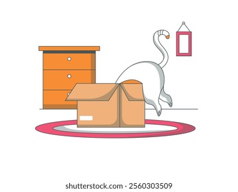 Cat playing in a box, in a house with nice interior.Character design. Vector flat illustration