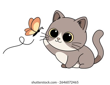 Um gato brinca com uma borboleta. Gatinho e borboleta.