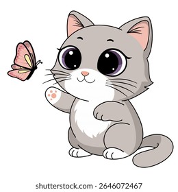 Um gato brinca com uma borboleta. Gatinho e borboleta.
