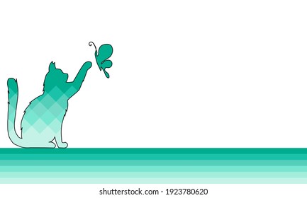 A cat is playing with a butterfly. They’re mint green. There’s a diamond pattern inside the cat. 