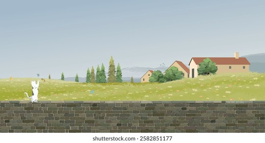 A cat playing with butterfly on old brick wall have small village in colorful flower fields hill and mountain range behind graphic illustration.