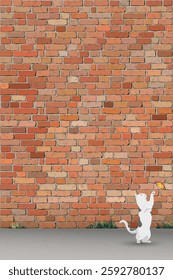 A cat playing with butterfly on sidewalk have old brick wall vertical background graphic illustration have blank space.