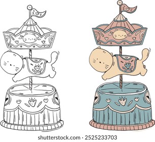 Cat playing carousel with sketch and color