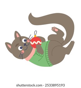 Cat playing with Christmas ball. Cute funny character. Vector illustration in flat style