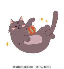 Cat Playing with Christmas Ball. Cute Funny Feline Character. Hand Drawn Vector Illustration.