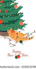 Cat playing with Christmas ball under the Christmas tree wrapped in garland. Cute red cat with toys in paws. Winter holiday. Vector illustration isolated on white background