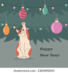 Cat playing with christmas ball. . Christmas vector flat cartoon illustration