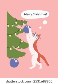 Cat is playing with a Christmas ball. Christmas vector flat cartoon illustration