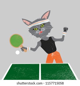 Cat playing competitive ping pong game.