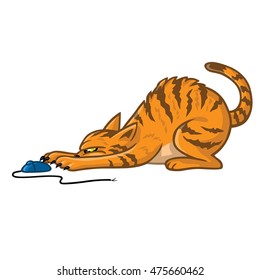 Cat Playing With Computer Mouse Vector Cartoon Illustration