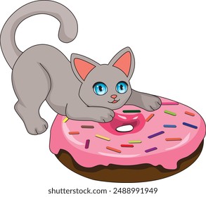 cat playing with donuts and enjoy