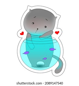 A cat is playing with fish in aquarium. Vector illustration.