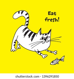Cat playing with fish sketch vector illustration. Eat fresh black lettering, Healthy lifestyle motivation. Kitten eating fish doodle character isolated on yellow background. Poster, postcard design