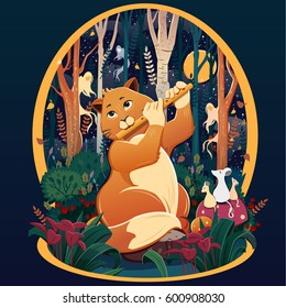 Cat playing the flute. Sad mice listening music. Cat in raspberry bushes. The Dark Forest. Cat in the forest. 