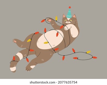 Cat playing with garland. Cute animal got tangled up in ribbon. Pet loves bright and flashing lights. Graphic elements for website. Merry Christmas, New Year. Cartoon flat vector illustration