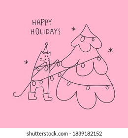 Cat playing with garland on Christmas tree. Happy holidays. Vector outline illustration on pink background. Great for greeting cards. 