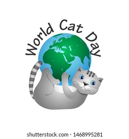 Cat playing with the globe. Clip art for World Cat Day. Without background, isolated