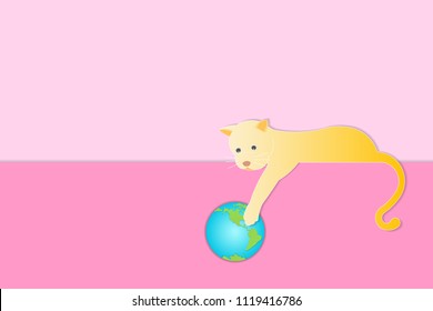 Cat is playing with the globe.Artwork for National Cat Day.Papercut style or craft style.Vector Illustration