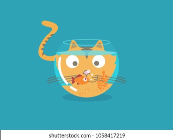 Cat playing with goldfish isolated on blue background. Vector flat illustration. 