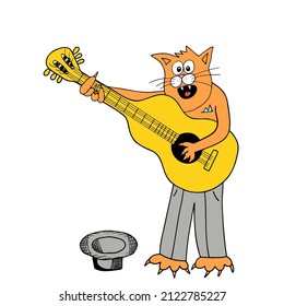 Cat playing guitar, cartoon style vector illustration isolated on white background.