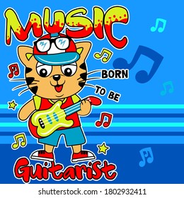 Cat playing guitar cute cartoon on blue background