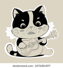 The Cat is Playing The Guitar Sticker Art Illustration