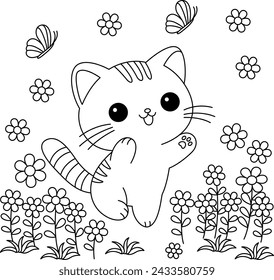 The cat is playing happily in the flower garden coloring page.