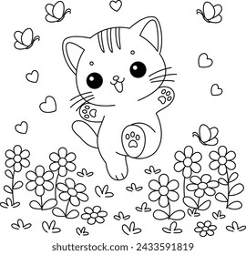  The cat is playing happily in the flower garden coloring page.
