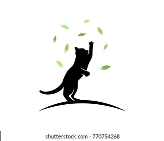 Cat Playing And Jumping Catching Falling Leaves Silhouette Illustrations