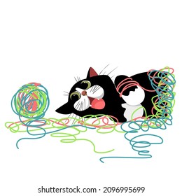 the cat is playing. the kitten is playing with a ball of threads. pet with yarn. vector image