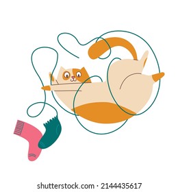 Cat playing with knitted socks, cartoon style, vector illustration, clipart 