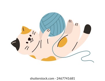 Cat playing knitting wool, playful kitten. Flat cartoon style vector illustration isolated on white background