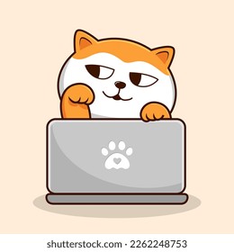 Vector de portátil de reproducción de gato - Ordenador portátil de reproducción de gatos de color naranja blanco