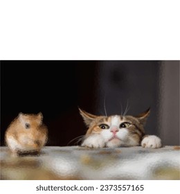 Cat playing with little gerbil mouse on the table