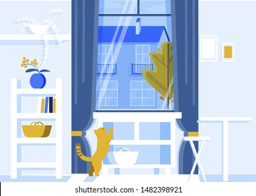 Cat Playing in Living Room Trying to Get to Table Flat Cartoon Vector Illustration. House Interior with Furniture such as Shel with Books, Vase with Flowers, Coffee Table with Chair.