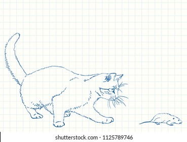 Cat playing with mouse, Blue pen sketch on square grid notebook page, Hand drawn vector linear illustration