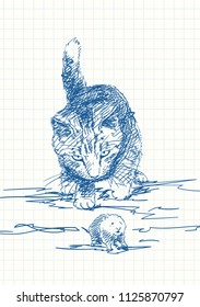 Cat playing with mouse, Blue pen sketch on square grid notebook page, Hand drawn vector illustration