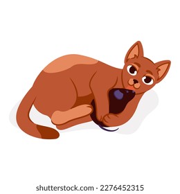 The cat is playing with a mouse toy. Cute vector illustration of a ginger cat.
