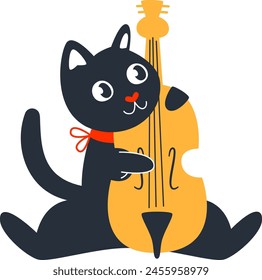 Cat Playing On Contrabass Vector Illustration