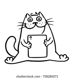 The cat is playing on a digital tablet. Isolated vector illustration. White color background.
