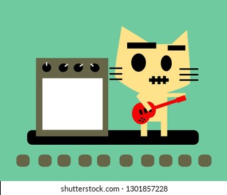 A cat playing red guitar with amplifier.
