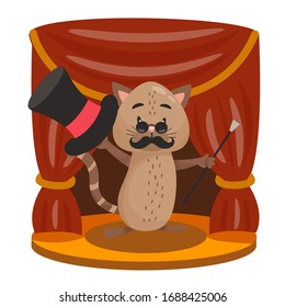 Katze spielt eine Rolle auf der Bühne im Theater. Vektorillustration, Zeichendesign-Illustration auf weißem, isoliertem Hintergrund. Cute cat in Schnurrbart und Sonnenbrille mit Hut und Rohr
