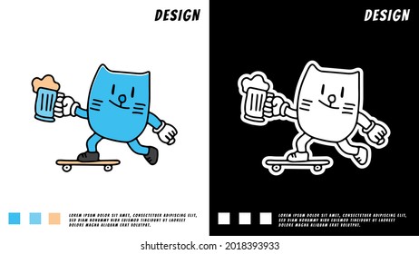 cat playing skate and holding beers in retro style. illustration for t shirt, poster, logo, sticker, or apparel merchandise.