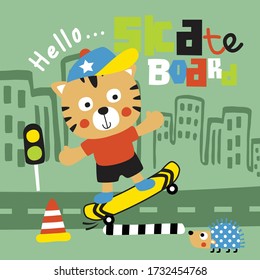 cat playing skateboard funny animal cartoon,vector illustration