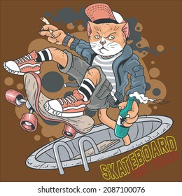 Cat playing skateboard on grunge background, vector illustration