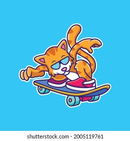 Cat Playing Skateboard Vector Icon Illustration. Cat Mascot Cartoon Character